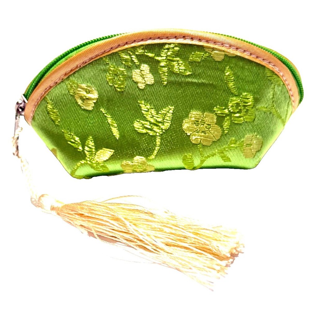 Floral Blossoms Chinese Brocade Coin Purse Zip Close Tassel Green Gold Mini Bag